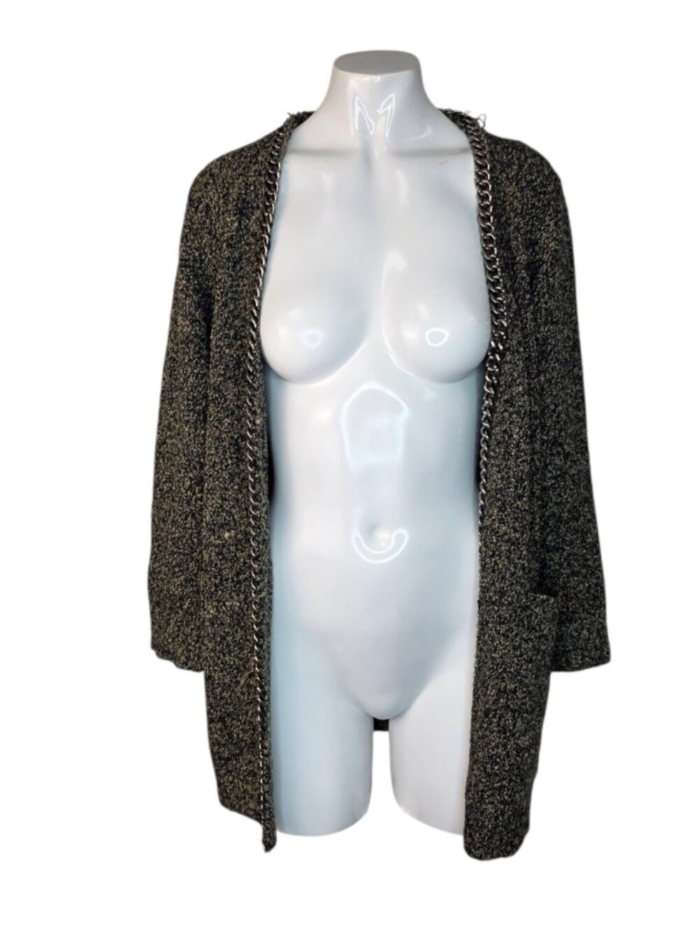 Cleo Chain Trim Open Front Cardigan, Pockets, Size Small (P), Knit
